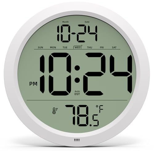 Digital Wall Clock with Date, Indoor Temperature, Auto-DST, Battery-Operated Digital Clock, 8 Inch Small Decorative Wall Clock for Bedroom, Living Room, Home, Kitchen, Office, Modern, Electric, Simple