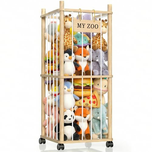 Xtrillogen Wooden Teddy Storage Soft Toy Organiser,Stuffed Animal Storage Unit with Brake Wheels,Large Plush Cuddly Toy Organiser with Elastic Cord,Ideal for Living Room,Playroom,Bedroom(2 layers)