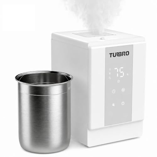 TURBRO Humidifier for Bedroom, 4L Stainless Steel Warm Mist Humidifier | 500mL/h Air Humidifier with Filter-Free, Dishwasher-Safe Tank, ETL Certified, Auto Shut-Off, Child Lock and Sleep Mode.
