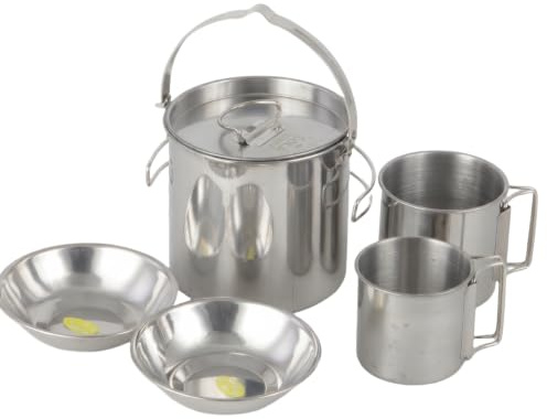 ZLWENA Stainless Steel Camping Cookware Set with Pot Cups Bowls Nesting | Foldable Handle, Nesting Design, Lightweight, Rust-proof, 1.2L Pot, 250ml & 390ml Cups