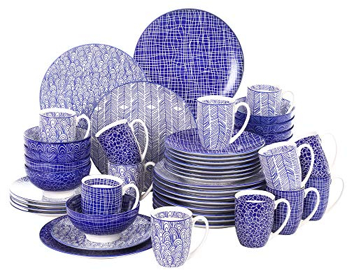 vancasso Takaki Porcelain Dinner Set for 12, Japanese Style Crockery Blue Dinnerware Tableware, 48 Pieces Dinner Service with Dinner Plates, Dessert Plates, Cereal Bowls and Mug