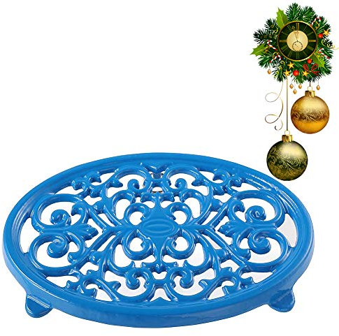 Round Cast Iron Trivet Royal Blue Trivet Mats Metal Trivets for Kitchen Dining Table Oval Shape, Blue