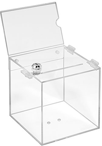 Losbox aus Acrylglas in 150x150x150mm mit Schloß und Topschild DIN A6 Quer - Zeigis® / Spendenbox/Aktionsbox/Gewinnspielbox/transparent/durchsichtig/Acryl/Plexiglas® / abschließbar/versperrbar