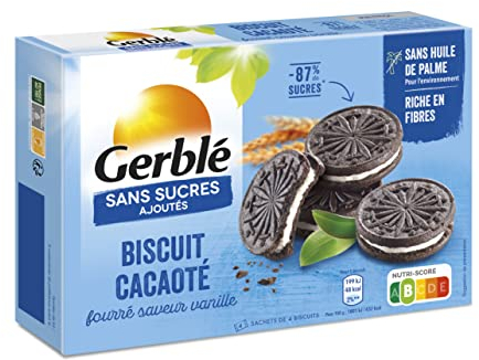 Gerblé Sans Sucres Ajoutés - Biscuits Cacaoté Fourré Saveur Vanille - Au Maltitol - Sans Huile de Palme - 4 Sachets de 4 Biscuits - 1 Boîte 176 g (L'emballage Peut Varier)