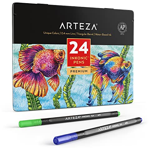 ARTEZA Inkonic Fineliner Set, 24 feine Filzstifte mit 0,4mm Spitze, farbige Bullet Journal Fineliner dreikant mit ergonomischer Schaft und Farbnummern zum Ausmalen, Zeichnen und Detaillieren