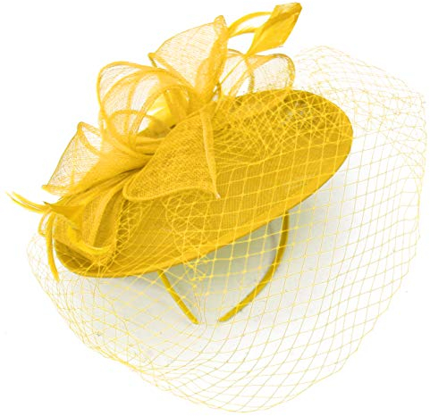 Caprilite Sinamay Fascinator mit Untertasse, Fascinator, für Hochzeit, Ascot-Hut, Vogelkäfig-Schleier, gelb, Einheitsgröße