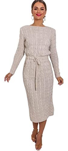 Crazy Girls Womens Cable Knit Belted Midi Dress, Stone, SM (UK 8-10)