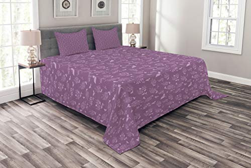 ABAKUHAUS Floral Bedspread Set, Monochrome Lilac Flowers, Decorative Quilted 3 Piece Coverlet Set with 2 Pillow Shams, Lilac and Pale Purple