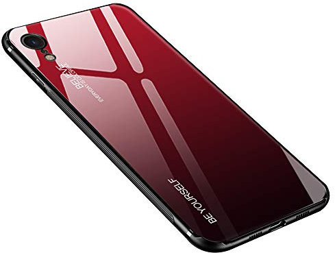 Quadaime for iPhone XR Case, Anti-Scratch Tempered Glass Back Cover [Gradient] Phone Cases + TPU Silicone Bumper Shockproof Case for iPhone XR - Red black