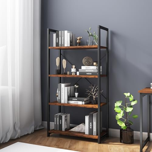 VERMESS 4-Tier Bookshelf, 24 inch Wood Bookcase with Open Shelves, Rustic Brown Book Shelf Storage Shelving Unit, Industrial Standing Bookshelves Metal Frame Display Rack for Living Room, Bedroom