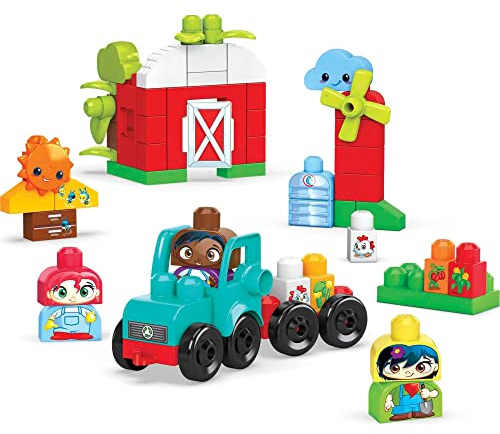 MEGA HDL07 - Mega Bloks Grüne Stadt Wachsen & Schützen Bauernhof-Bausatz, 54 große Bausteine, 3 baubare Figuren, rollender Traktor, Scheune, Feldfrüchten, Bienenstock, Spielzeug-Geschenkset ab 1 Jahr