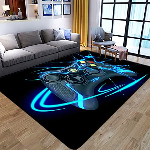 Teppich Schlafzimmer Modern Gamer 3D Controller Wohnzimmer Teppich rutschfeste Graffiti Spielkonsole Dekoration Carpets Schwarz Lila Blau Großen Flanell Krabbelmatte für Kinder (Farbe 2, 100x150 cm)