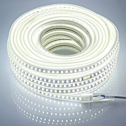 pcning LED Streifen 20M 220V 230V 5730 120 leds/m mit EU Stecker, 20 Meter 6000K Kaltweiss LED Strip Light mit Netzteil Aussen (Kaltes Weiß, 20.00)