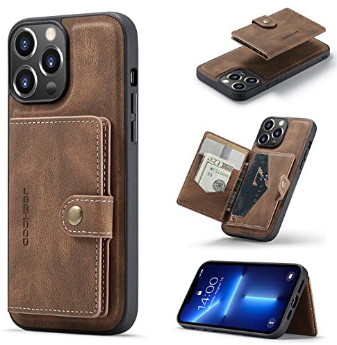 HERCN PU Custodia in Pelle per iPhone 13 PRO Max 6.7;Porta Carte Rimovibile -Cavalletto -Cover per Cellulare Funzionale con Piccolo Portafoglio Magnetico Unico. (Marrone)
