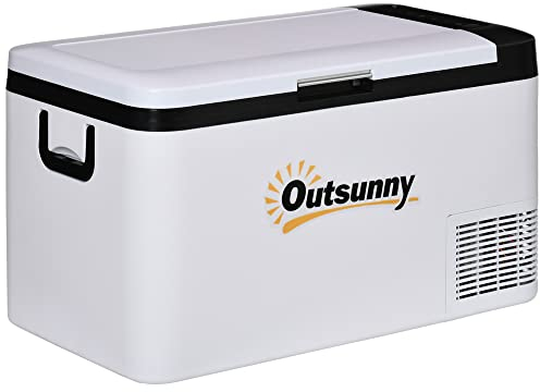 Outsunny 12V Car Refrigerator w/LED Light & Foldable Handles, 25L Portable Compressor Cooler, Fridge Freezer with 12/24V DC and 110-240V AC for Campervan RV Boat Travel