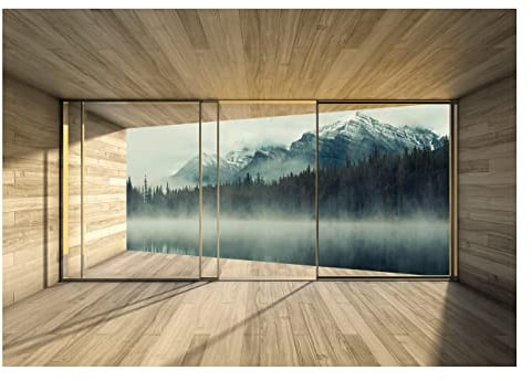 Fototapete Berge See Nebel 3D EFFEKT Fenster mit Aussicht Natur Landschaft Wohnzimmer Schlafzimmer Vlies Tapete inkl. Kleister Wandtapete UV-Beständig Montagefertig (368x254 cm - 4 Bahnen)