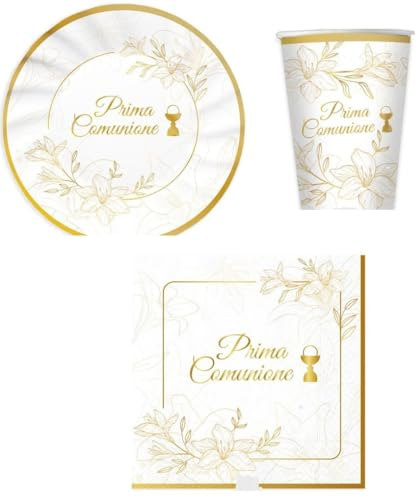 Set 40 pezzi - Kit Coordinato tavola PRIMA COMUNIONE ELEGANT - Colore Bianco e ORO lucido con Calice e Fiori - decoro buffet feste - 12 piatti + 12 Bicchieri + 16 tovaglioli