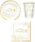 Set 40 pezzi - Kit Coordinato tavola PRIMA COMUNIONE ELEGANT - Colore Bianco e ORO lucido con Calice e Fiori - decoro buffet feste - 12 piatti + 12 Bicchieri + 16 tovaglioli