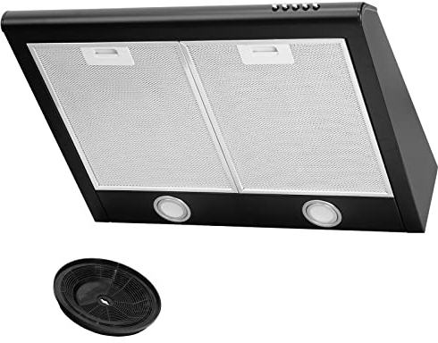 Dunstabzugshaube mit Filter Abzugshaube Dunst Unterbauhaube - Abluft/Umluft - 60 cm breit - Farbe: Schwarz - Edelstahlgehäuse - LED-Beleuchtung [Energieklasse C]