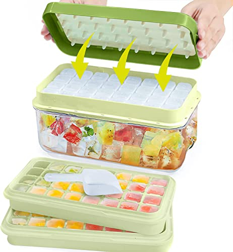 Ice Cube Tray, Double-Layered Ice Cube Tray with Leak-Proof Lid, Reusable Silicone Ice Box with Scoop, Makes 64 Large Cubes at Once (Green)