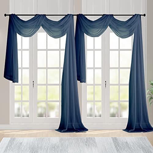 Chyhomenyc Navy Blue Sheer Scarf Valances for Windows 216 Inch Extra Long, Window Scarf Drapes Rod Pocket Backdrop for Wedding Arch Draping/Party/Canopy Bed/Living Room, 2PC, 18 Feet Length