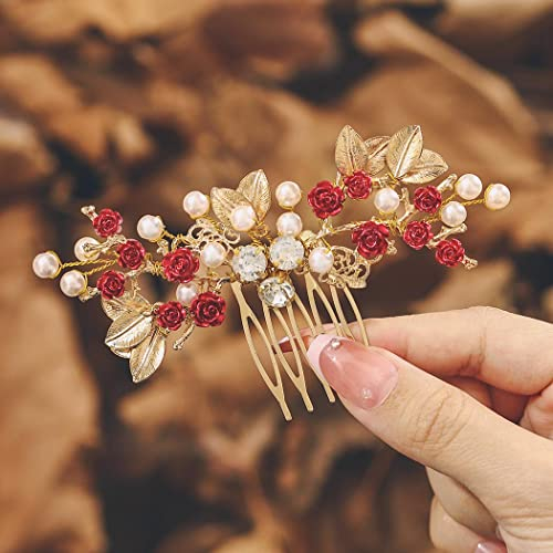 IYOU Peignes à Cheveux Mariage Perles Accessoires Cheveux Fleurs Rouges Serre-tête Feuille Cristal Coiffure pour le bal Mariée pour Mariées et Demoiselles d'honneur