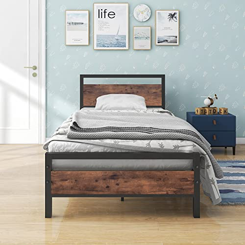 BOFENG 3ft Single Bed Frames Solid Bedstead Base with Wood Headboard,Heavy Duty Metal Platform Bed Frame No Box Spring Needed,Mattress Base/Metal Slat Support/Underbed Storage Space/Rustic Brown
