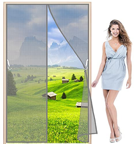 LZHBD Fly Screen for Doors, 225x245cm Side Opening Screen Door Magnetic Anti Mosquito Net Auto Closure for Patio, Balcony, Gray L