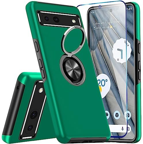 KRAFTCARE for Google Pixel 7a Case with Kickstand Ring and Screen Protector, Shockproof and Anti Scratch 360° Magnetic Ring Holder Stand Phone Cover for Google Pixel 7a - Dark Green