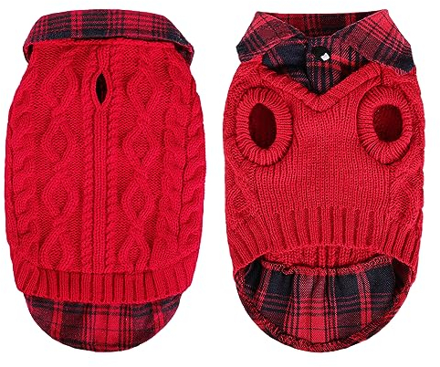CITÉTOILE Warme Hundepullover mit Karomuster, Rollkragen & Leinenlöchern – Winter Welpenkleidung für kleine/mittlere/große Hunde Katzepullover für Weihnachten, Rot, S