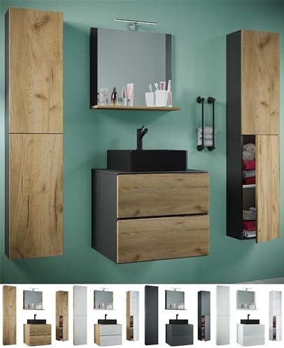 VCM 5-TLG. Waschplatz Waschtisch | schwarzes Waschbecken Unterschrank Breite 60 cm | Badmöbel Set mit Schubladen Drehtüren Spiegel | Lendas S BL