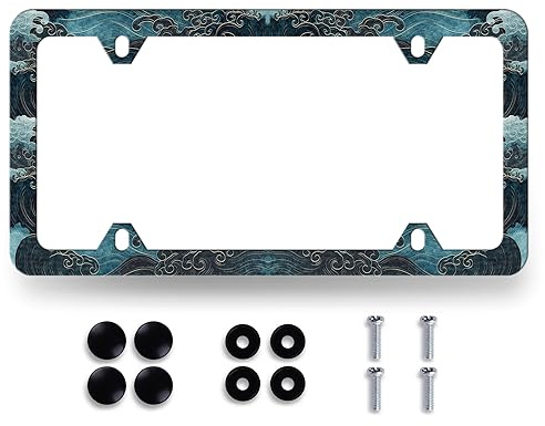 Ocean Wave License Plate Frame Blue Texture Japanese Traditional Waves Print License Plate Funny Stainless Steel Accessory Colorful License Plate Cover Personalise Decoration with Screws 12.3 x 6.3