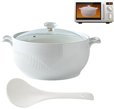 SIULAS Zuppiera Rotonda in Ceramica, zuppiera in Ceramica Bianca con Coperchio in Vetro e mestolo, zuppiera in Ceramica con Coperchio in Diamante,Bianca,3000ml