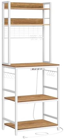 VASAGLE Estantería para Panadería con Toma de Corriente, Soporte de Microondas, Estantería de Cocina, Alambre de Metal, 14 Ganchos, 40 x 60 x 170 cm, Nogal Rústico y Blanco KKS037W41EU