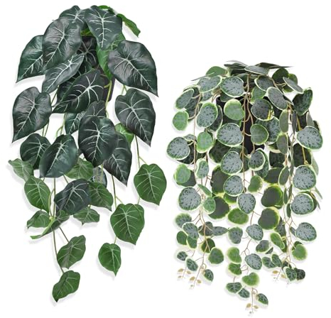 ROLLWAY 2 Stück Künstliche Hängepflanzen im Topf 50cm, Kunstpflanzen Hängend Pflanzen Klein, Kunst Hängepflanze Künstlich wie Echt Plastik Fake Plants Artificial Monstera Potted für Outdoor Zimmer