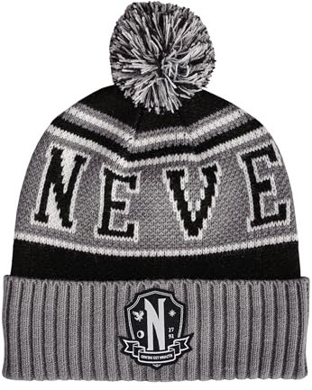 Elbenwald Wednesday Beanie im Nevermore Academy Design - Mit Schullogo Patch auf dem Umschlag - Mit Flauschiger Bommel - Für Herren Damen Unisex - Grau Schwarz