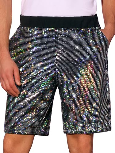Lars Amadeus Pailletten-Shorts für Herren, Sommer, elastische Taille, Party, Disco, glänzende kurze Hose, silber, 52