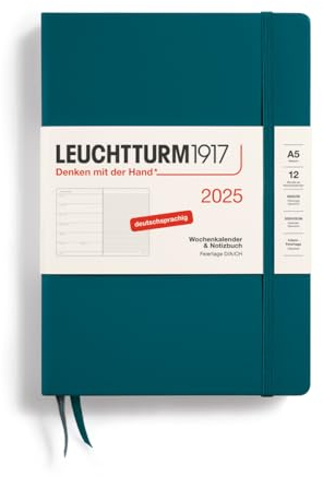 LEUCHTTURM1917 370493 Wochenkalender & Notizbuch Medium (A5) 2025, Pacific Green, Deutsch