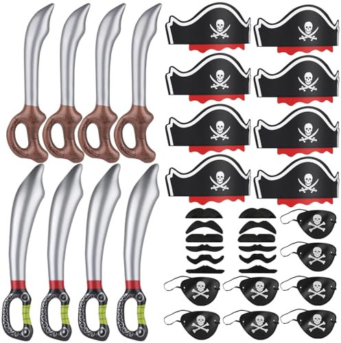 Kayqbonke 36 Pezzi Set Pirati Festa Compleanno, Cappello Pirata, Pirati Dei Caraibi Gadget, Benda Occhio Pirata, Baffi Finti, Confezioni Regalo per Compleanno Halloween Festa in Maschera Pirata