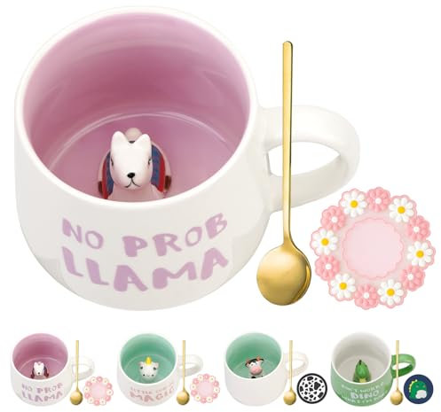 3D Alpaka Tasse - 400ml Süße Keramik Alpakatasse mit Untersetzer und Löffel Lustige 3D Cartoon Tier Tassen Kawaii Alpaka Kaffeetasse Teetasse Milchbecher Weihnachten Geschenk für Kinder Mädchen Frauen