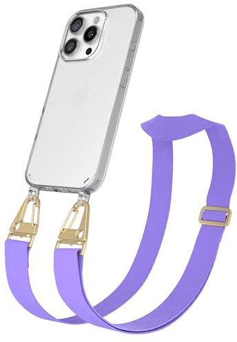 EAZY CASE - Hülle mit Band kompatibel mit iPhone 16 Pro Handyhülle mit Umhängeband Silikonhülle Transparent Schutzhülle Handykette zum Umhängen Handykordel Smartphone in Lavendel Lila - Clips Gold