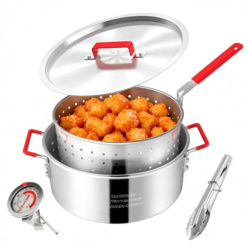 10QT Fish Fryer Pot with Basket | Aluminum Deep Fryer with Lid, Thermometer & Tongs | Outdoor Frying Pot for Fish, Chicken Wings & French Fries