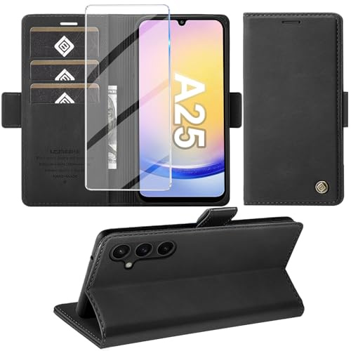Giyer Cover per Samsung Galaxy A25 5G Custodia con Vetro Temperato, Premium Pelle PU Portafoglio Slot per Scheda RFID Antifurto Funzione Supporto Flip Case, Antiurto per Samsung A25 5G Cover (Nero)