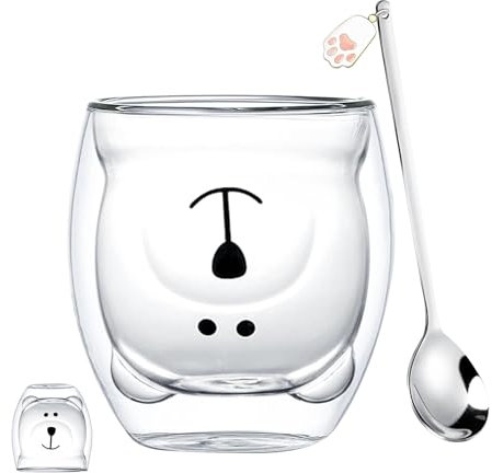 Doppelwandige Bär Latte Macchiato Gläser Kaffeetasse mit Löffel 250 ml, Doppelwandige Kaffeegläser, Kaffeeglas Teegläser, für Cappuccino,Latte Macchiato,Tee, Milch, EIS, Bier Halloween, Weihnachten ﻿