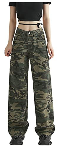 Pantalon treillis militaire femme ample stretch pantalon taille haute coupe droite avec poches casual pantalon large fluide hiver chaud en denim bas de survetement coupe amincissante (Camouflage, M)