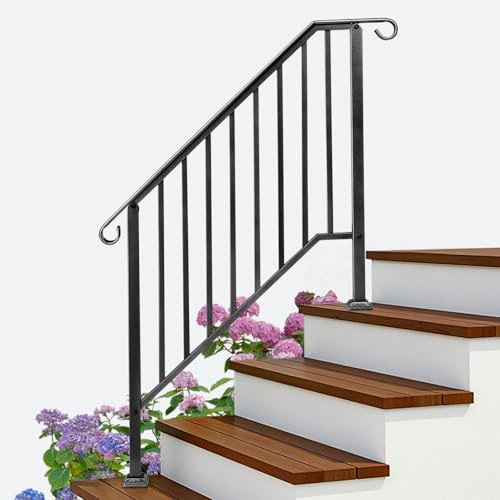 Outopee Outdoor Handrail for Stairs, 3 Steps Handrails for Outdoor Steps, Galvanized Iron Handrail for Garden, House Entrance, Backyard & Balcony, Black