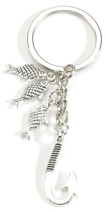 Fisch Schlüsselanhänger Angeln Anhänger Angelhaken DesignSchlüsselanhänger mit Gravur Vatertag Fischer Geschenk Silber Metall