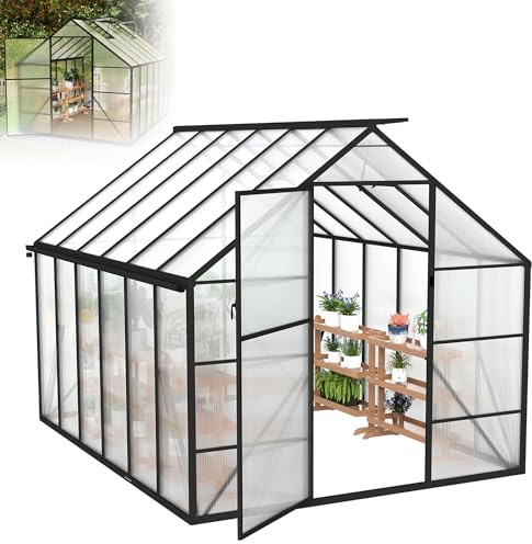 XMTECH Invernadero de aluminio de 310 x 250 x 205 cm con placas huecas de policarbonato de 4 mm, resistente a los rayos UV, a la intemperie y a las tormentas, con puerta, 2 ventanas de techo y base de