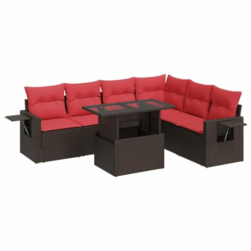 vidaXL 7 Piece Garden Sofa Set with Cushions Brown Poly Rattan Acacia, outdoor sofa set, garden lounge set