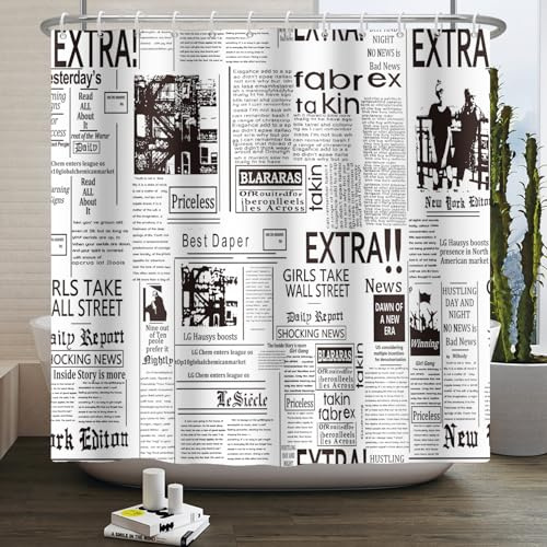 Kzzfqxb 180x200cm Duschvorhänge mit Kunstst Offhaken, Retro Jahrgang Alte Zeitung Zeitschrift Muster Wasserdicht Polyester Gewebe für Badewanne, Einfaches Schwarz und Weiß Dekoration für Badezimmer
